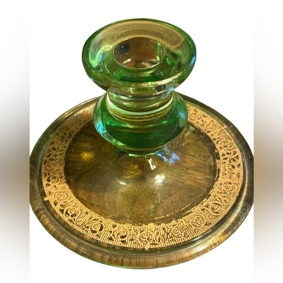 Antique Depression Glass Candle Stick Holders Set of 2 Green With Gold Scrolling - Picture 1 of 4